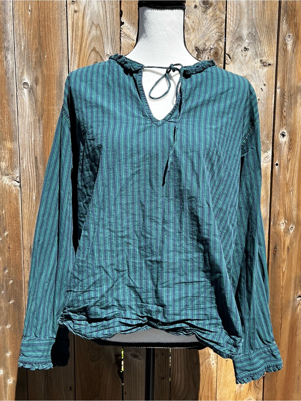Free Assembly 100% Cotton Women's Green Striped Tie-Neck Blouse
